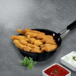 Frenchys Chicken Fries served on a pan with sauce